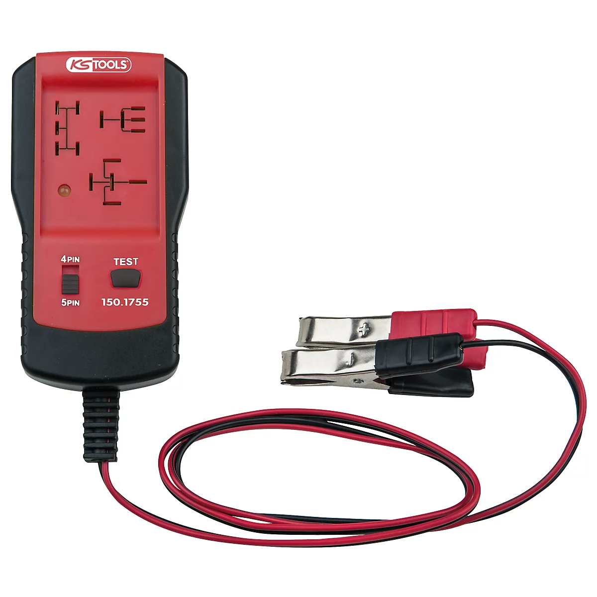 Ein rotes und schwarzes Kfz-Relais-Prüfgerät mit Klemmen und Kabeln. Auf dem Display sind Symbole und eine Beschriftung mit 'Test'.